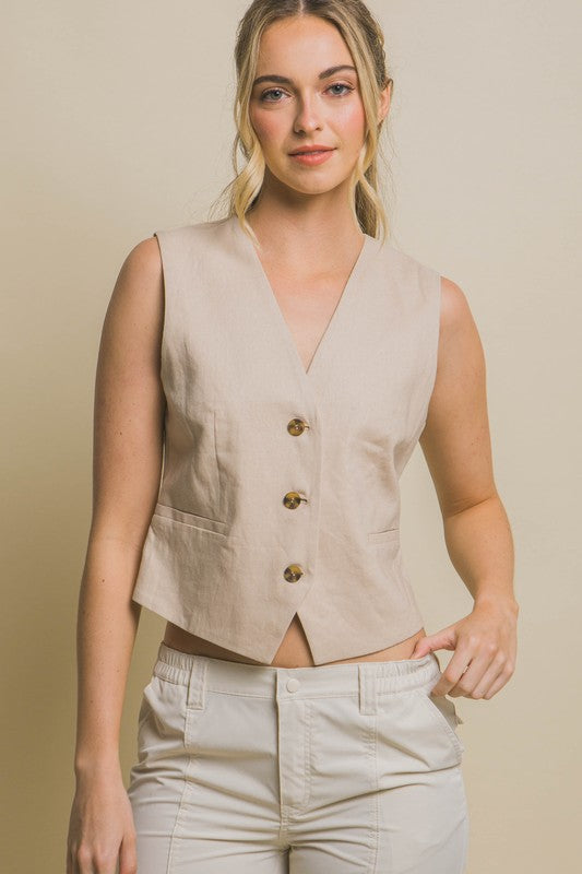 Linen Button Down Vest Top, 2 COLORS khaki or black – Sofi Stella