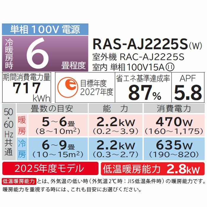 RAS-AJ2225S-W 日立 ルームエアコン 白くまくん AJシリーズ 主に6畳用