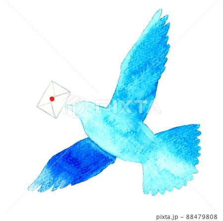 手紙をくわえて飛ぶ鳥の青色シルエット（単品） 羽ばたく鳥の手描き