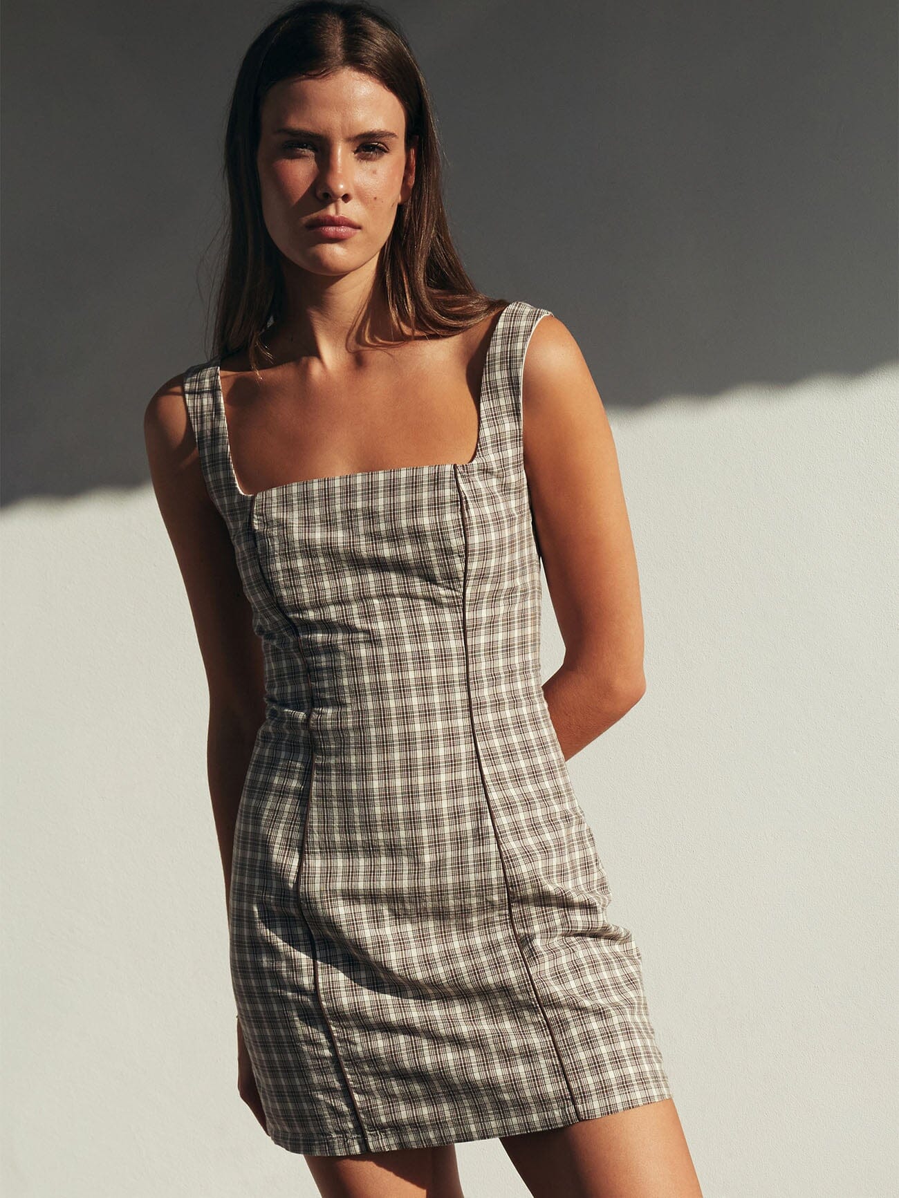 Adorned Check Elsie Mini Dress - Java | Thrills Co.