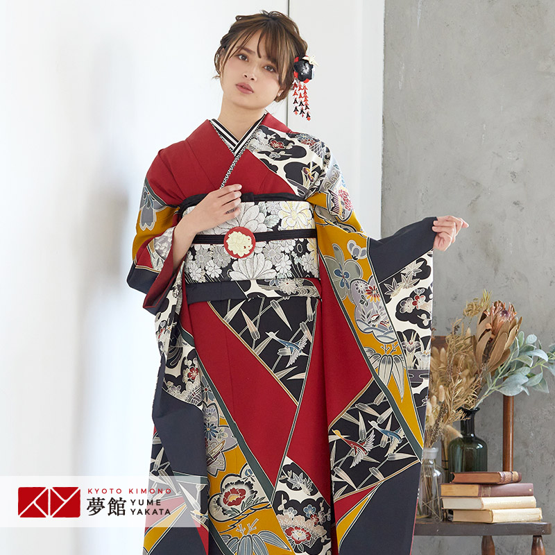 振袖フルセット ギャル 黒赤花柄 絹素材 振袖フルセット ギャル 黒赤花