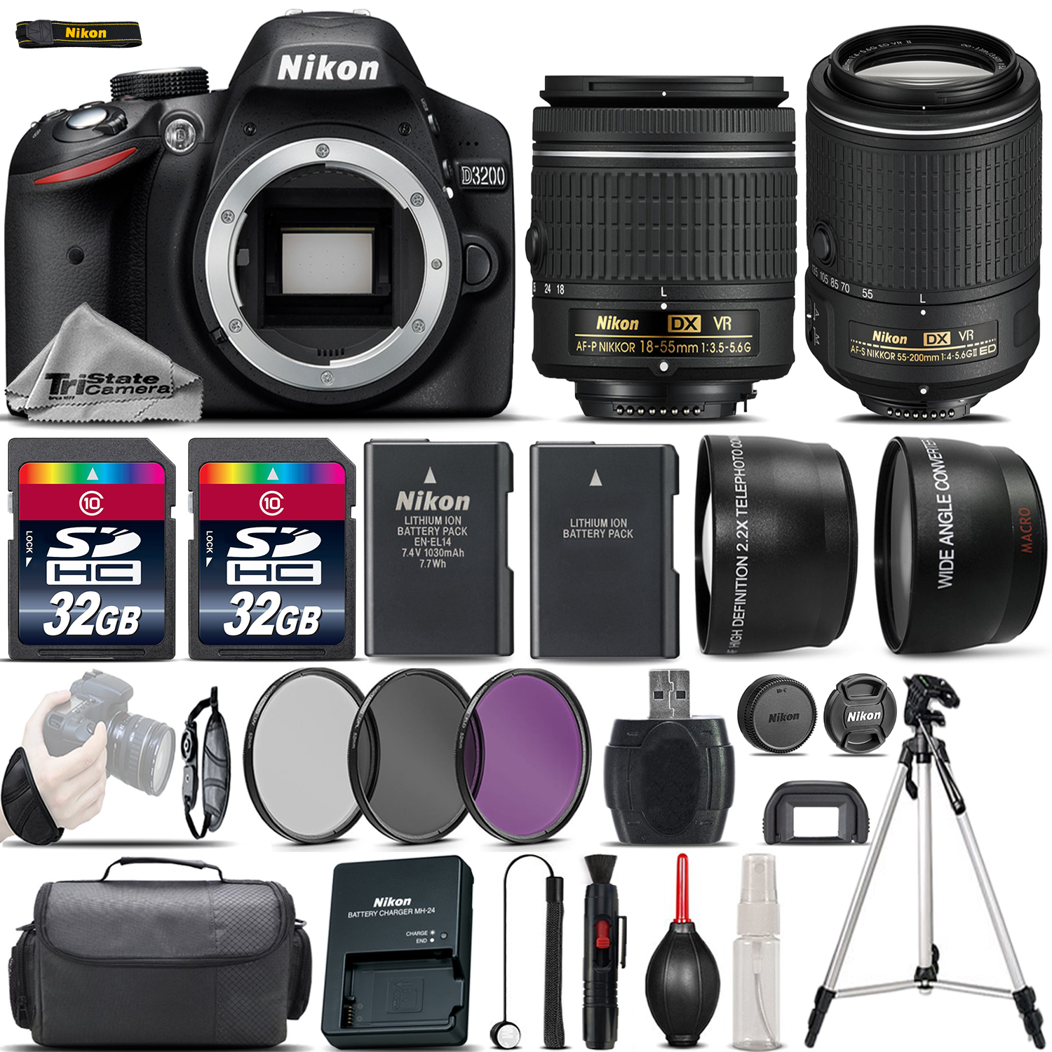 NIKON | D3200 Digital SLR Camera + 18-55mm VR + 55-200mm VR II +