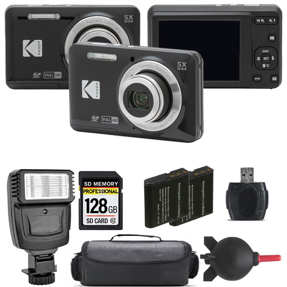 Kodak PIXPRO FZ55 Digital Camera (Black) + Extra Battery + Flash