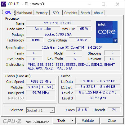 Intel Core i9 12900F @ 4688.53 MHz - CPU-Z VALIDATOR