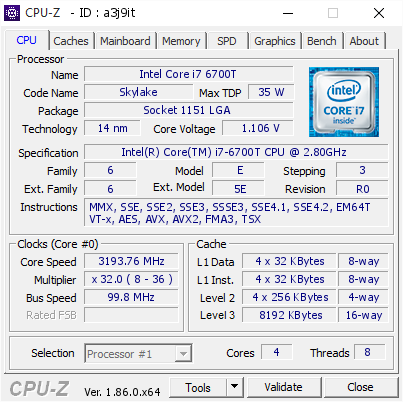 Intel Core i7 6700T @ 3193.76 MHz - CPU-Z VALIDATOR
