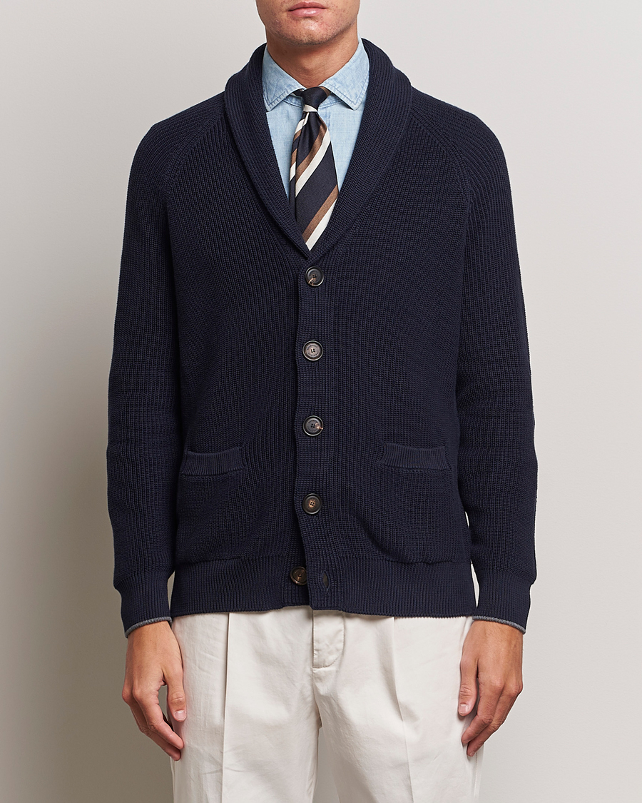 Brunello Cucinelli Rib Wool Shawl Collar Cardigan Navy at