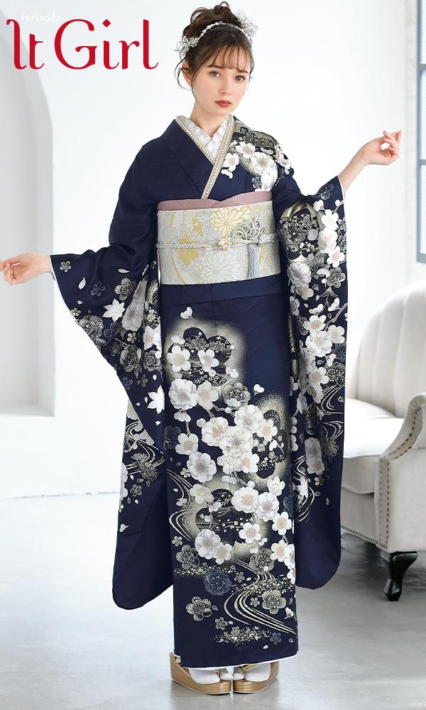 紺地振袖に白の桜花と銀彩｜可愛い古典【菊京屋】振袖レンタル 成人式