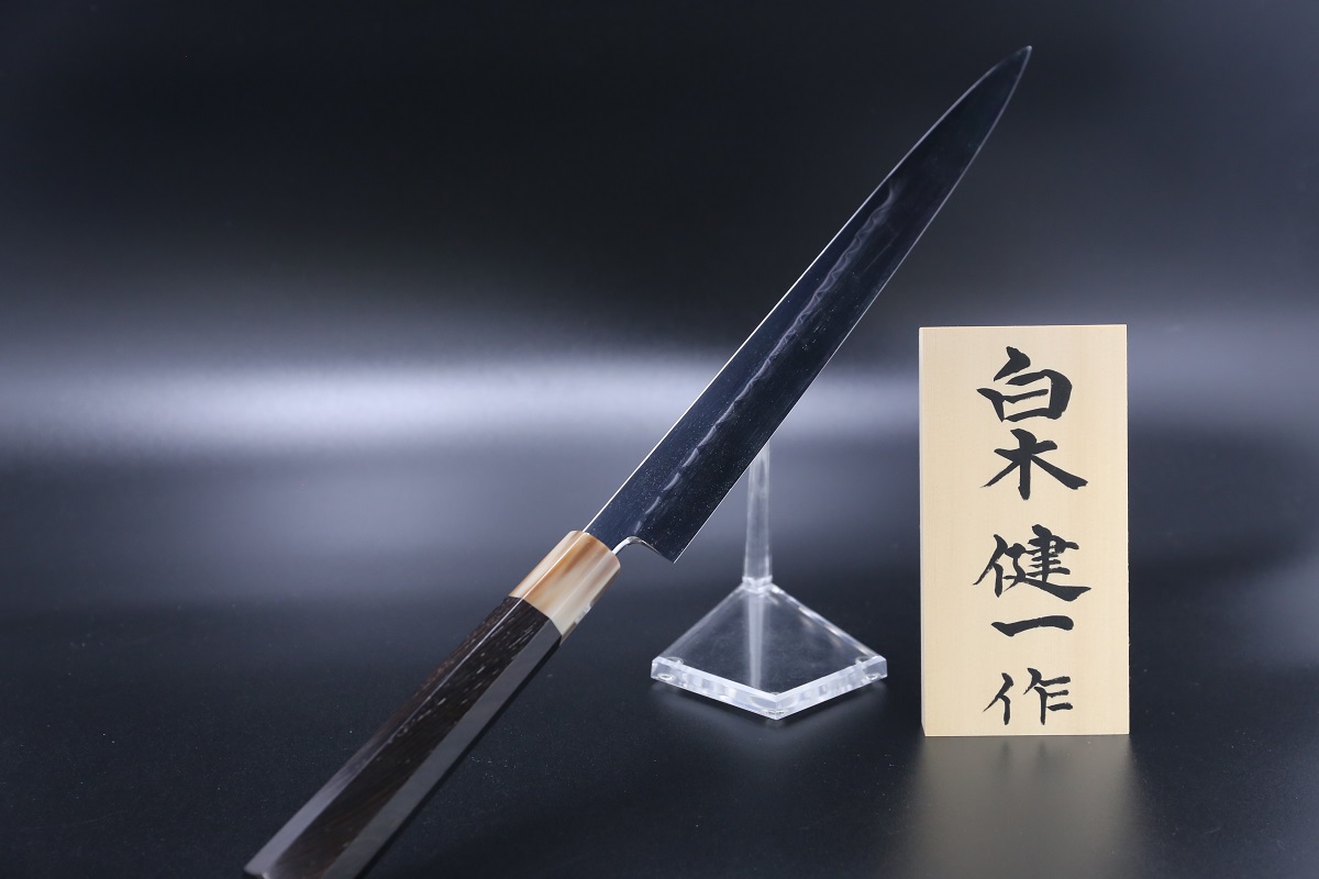 ふぐ引 青鋼 300mm 水本焼 全鏡面 八角黒檀柄 鞘付き 白木健一作-歌舞