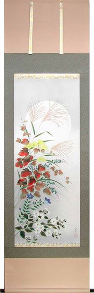 掛け軸 秋草に月 (山本晃雲) 送料無料 【掛軸】【一間床・半間床】【秋