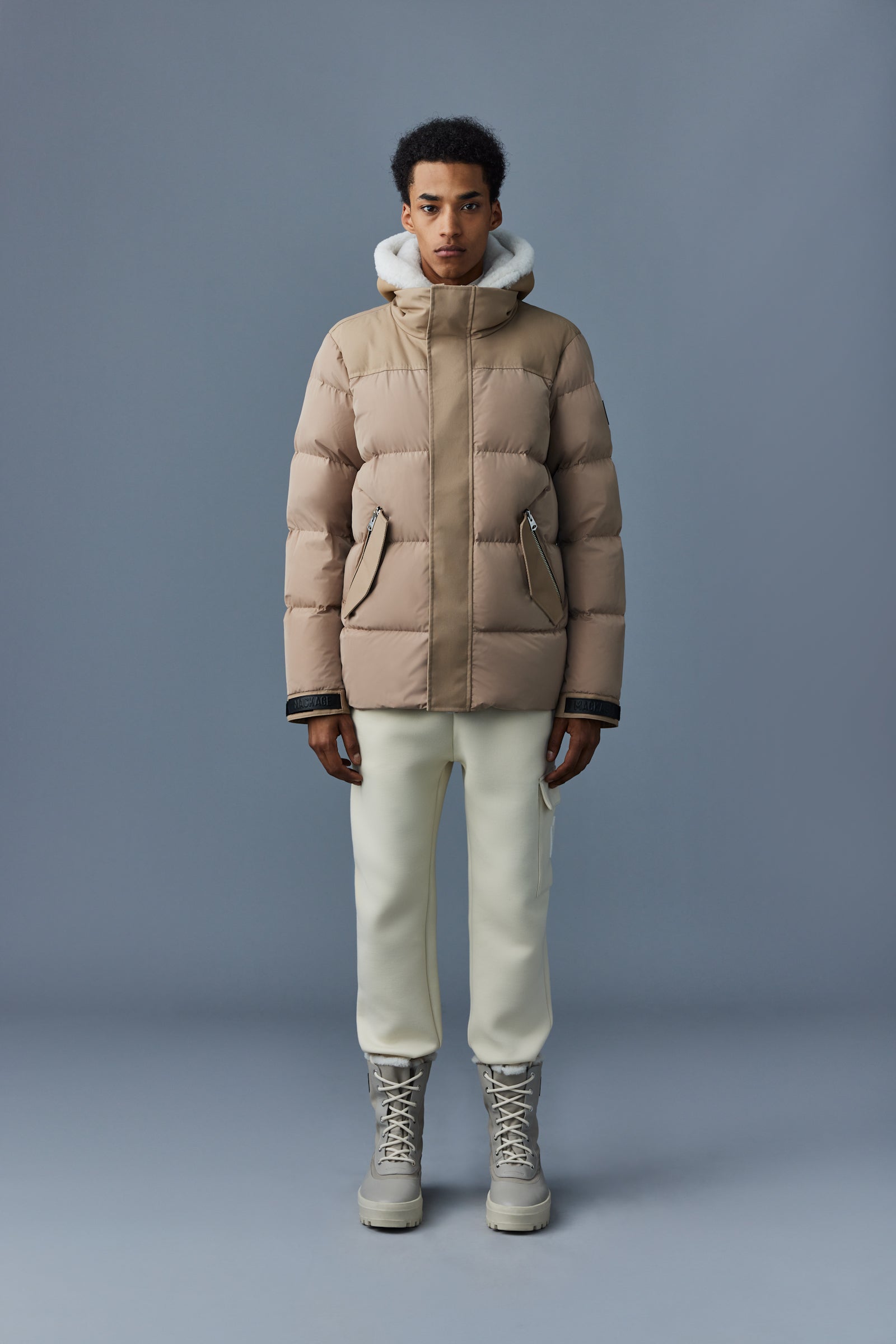 Riley, Classic down jacket with removable shearling bib for men