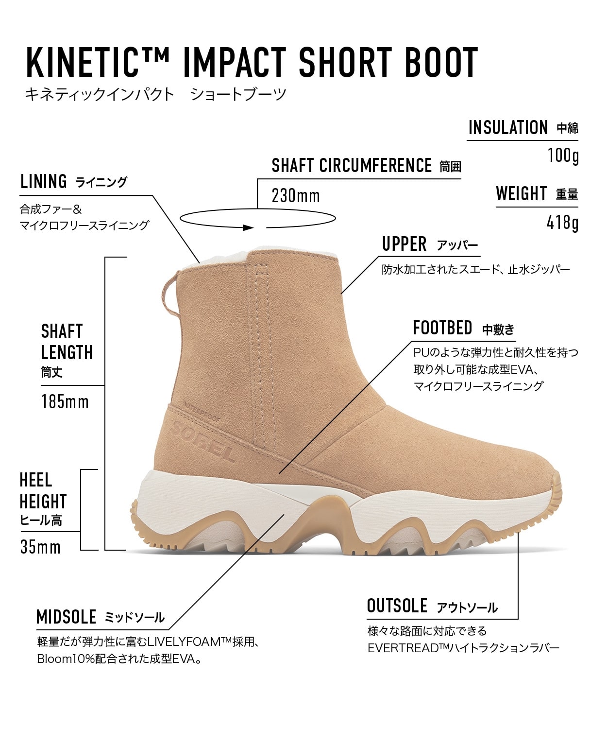 キネティックインパクト ショートブーツウォータープルーフ(22.5 Tawny
