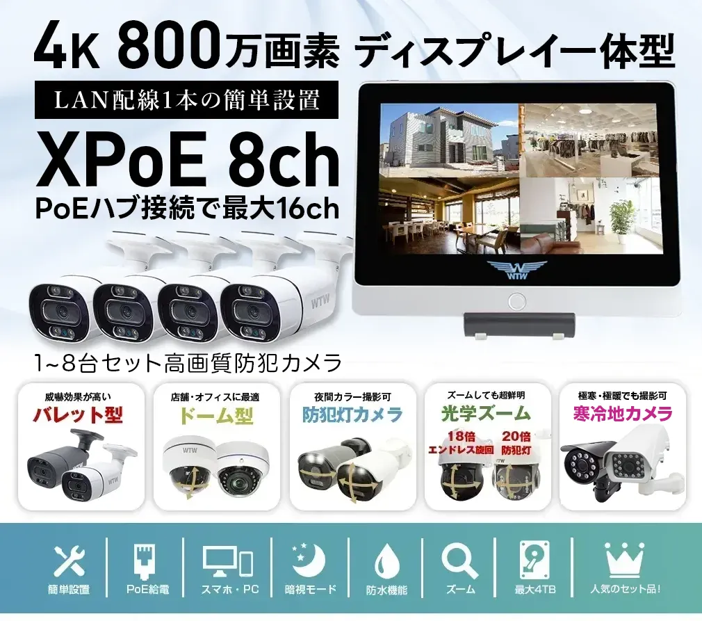 防犯カメラ セット XPOE 8CH ワンケーブル WTW-ENV280EPL【WTW 塚本無線】