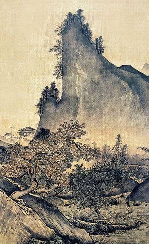 有名作家の掛け軸 雪舟作 四季山水図（秋）