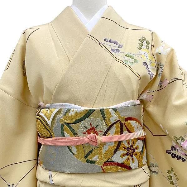 a2211301】【レンタル】訪問着 フルセット 黄色 花柄 Mサイズ Lサイズ