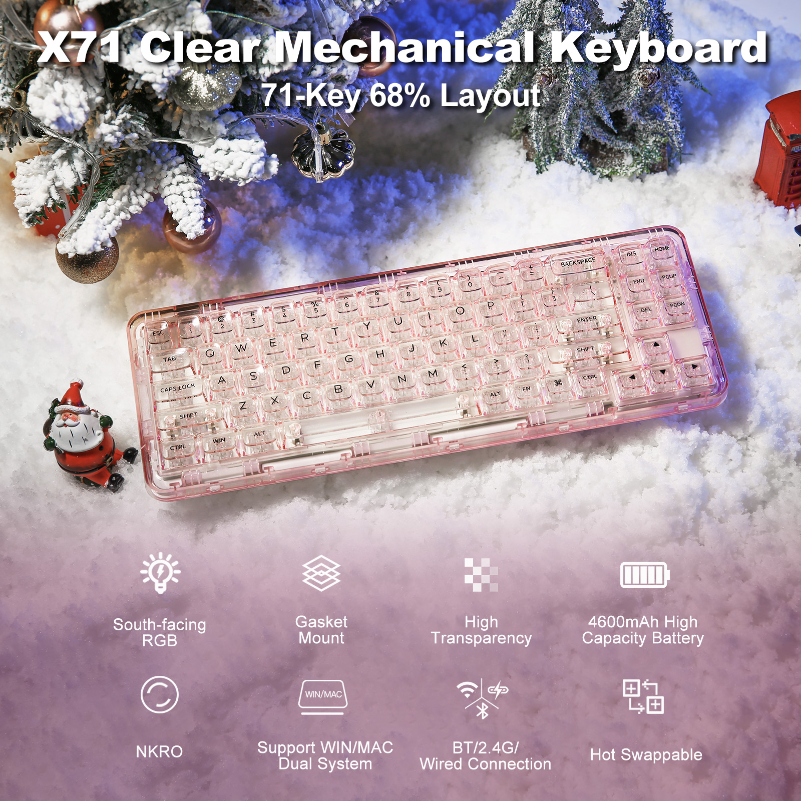ワイヤレスメカニカルゲーミングキーボード,透明キーキャップ付き