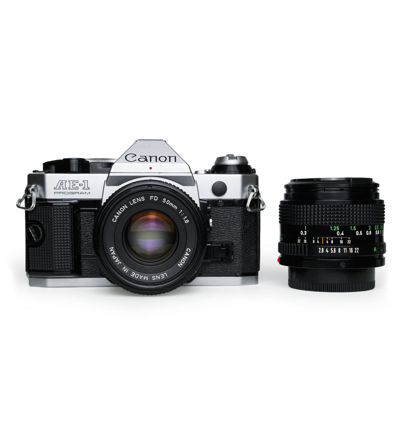 Canon AE-1 Program 35mm SLR Film Camera with 50mm f1.8 & 28mm f2.8