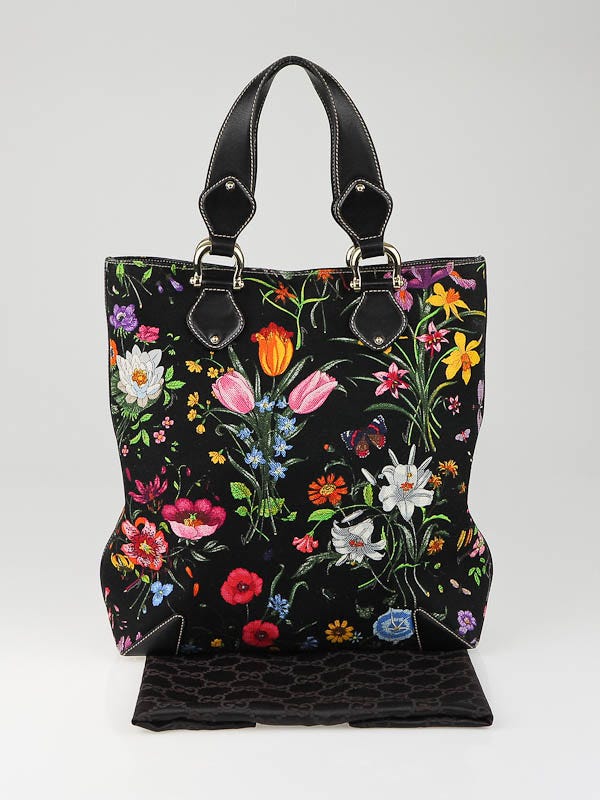 Gucci Black Botanical Floral Canvas Large Tote Bag | Yoogi's Closet