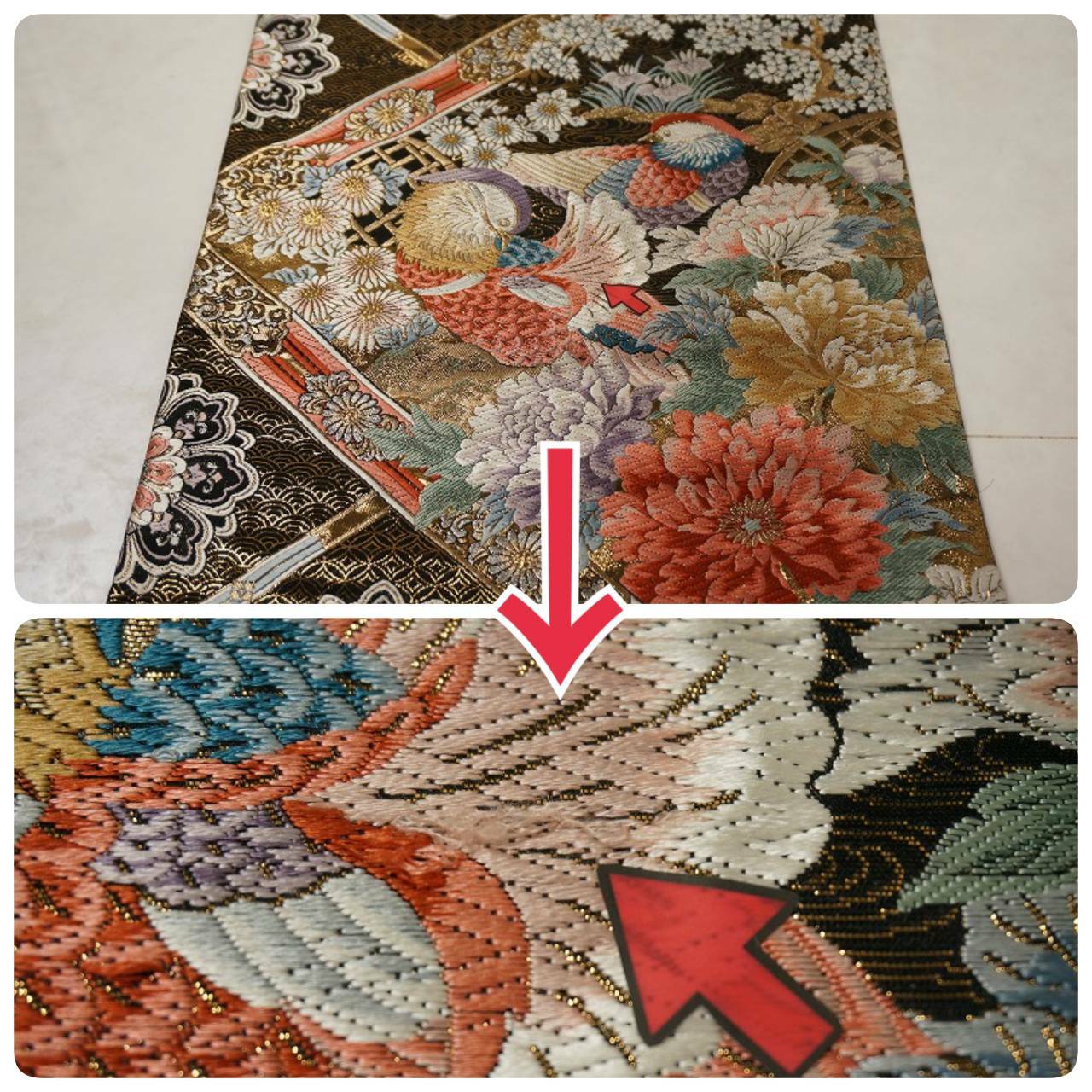 24K純金箔 九百錦 鴛鴦 オシドリ 牡丹 袋帯 金糸 黒 176 | kimono Re