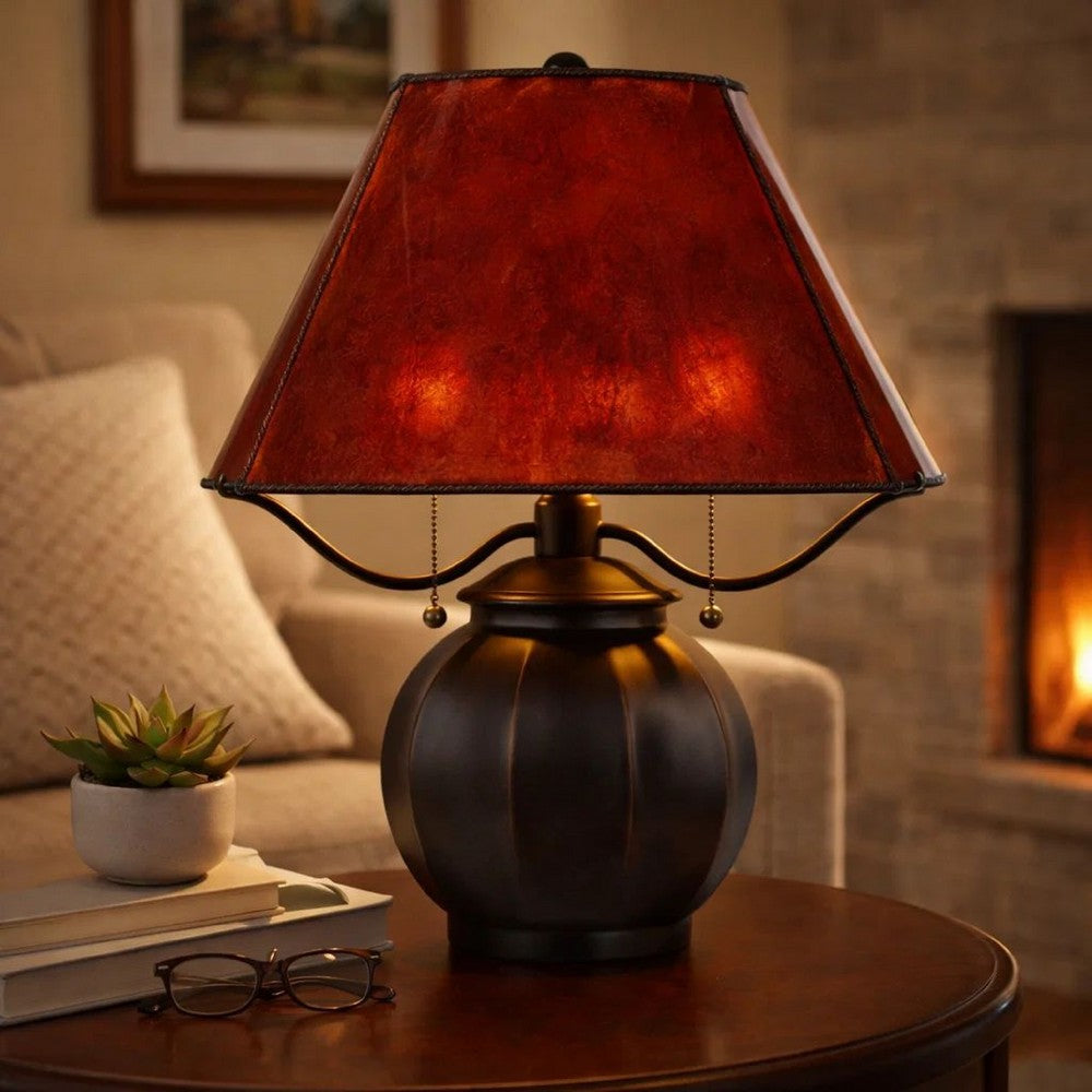 Benjara 20 Inch Table Lamp, Vintage Red Amber Mica Shade, Upturned