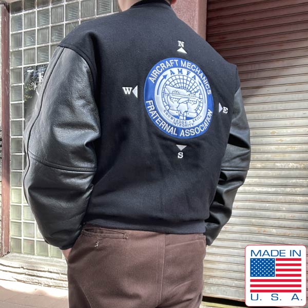 90s USA製 UNION LINE 袖レザー スタジャン 黒 Lサイズ程度 AMFA