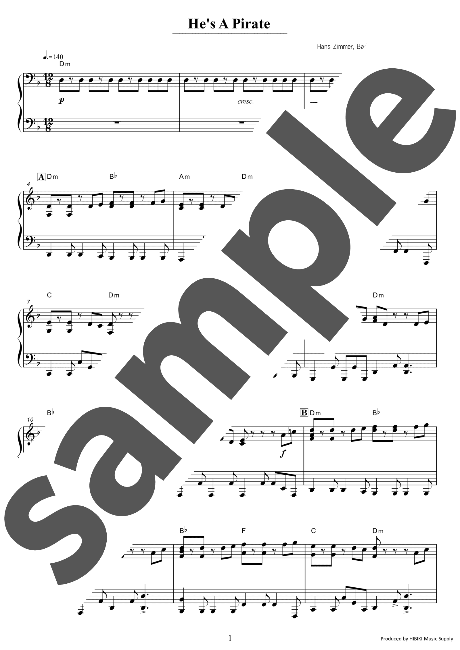 ピアノ楽譜】彼こそが海賊 / Hans Zimmer, Klaus Badelt and Geoffrey