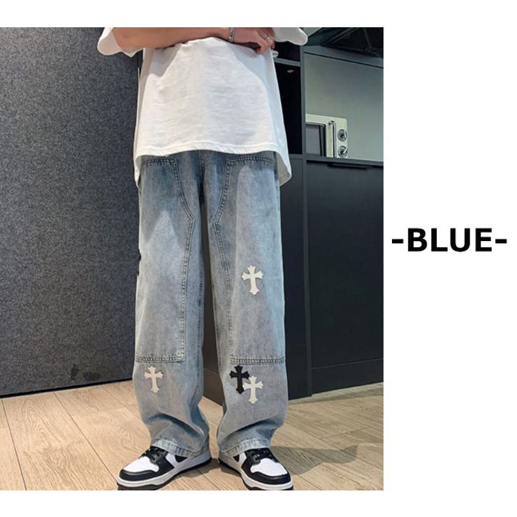 クロスパッチ ルーズストレートデニムパンツ ワイドデニム[品番