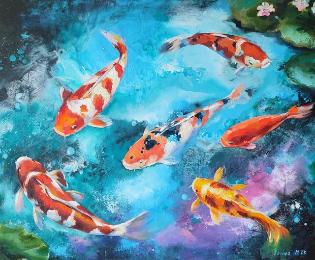 ロシア 鯉の絵 鯉 油絵 風水画 日本の美術品 鯉の壁掛けアート