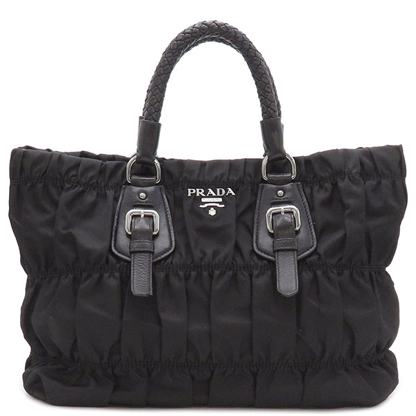プラダ PRADA メタルロゴ ギャザー ブラック ナイロン レザー 2WAY