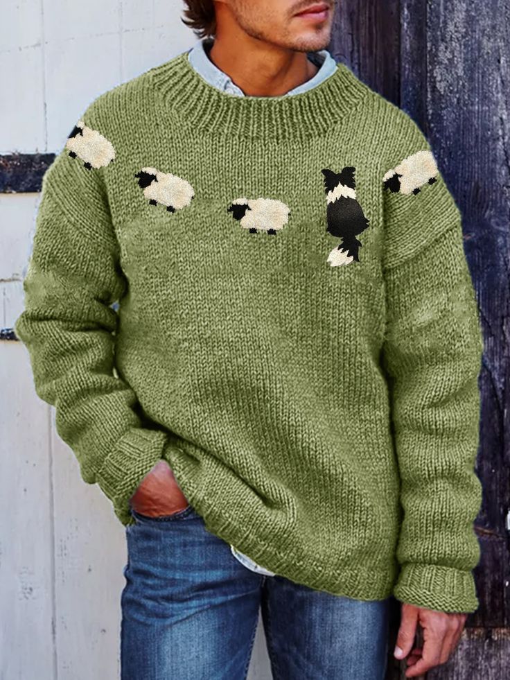 Men's Border Collie & Fuzzy Sheep Embroidered Cozy Knit Sweater