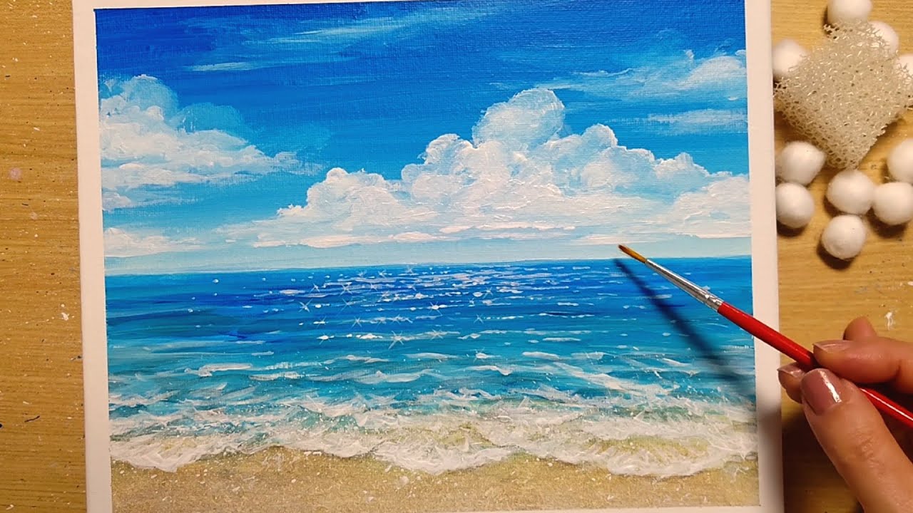 アクリル画 F20 風景画 アクアブルーの海】アクリル画 F20 風景画 絵画