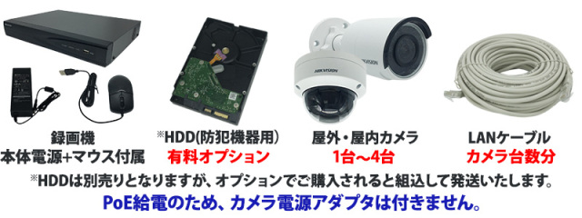 防犯カメラ 屋内屋外 4K IP カメラ1〜4台セット レコーダーHDD別