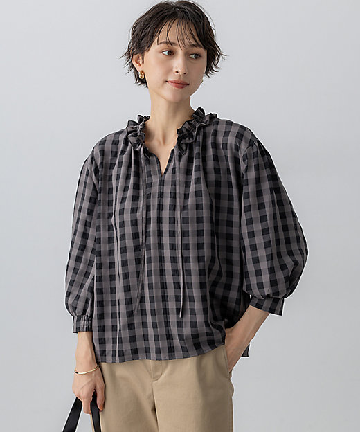 WEB＆一部店舗限定】ブロックチェック フリル ブラウス