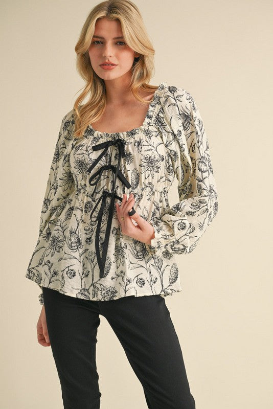 Jodifl Floral Print Baby Doll Top with Bow Ties in Black – June Adel