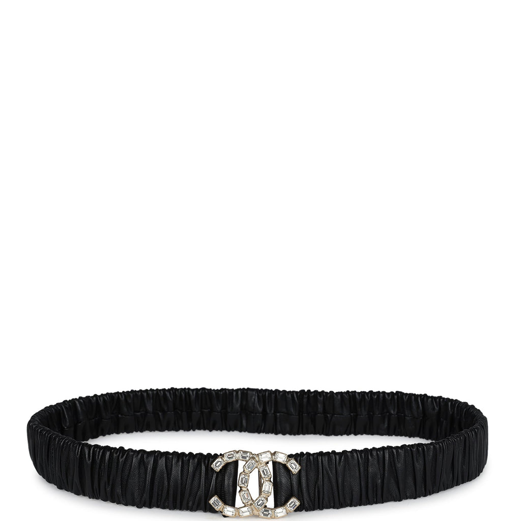 Chanel CC Ruched Leather Belt Black Calfskin Crystal Light Gold Hardwa