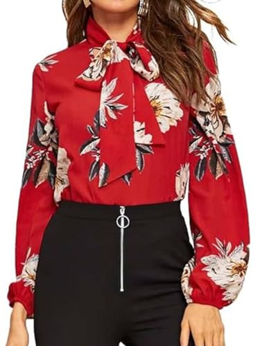 Floerns Women's Floral Print Bow Tied Neck Lantern Long Sleeve