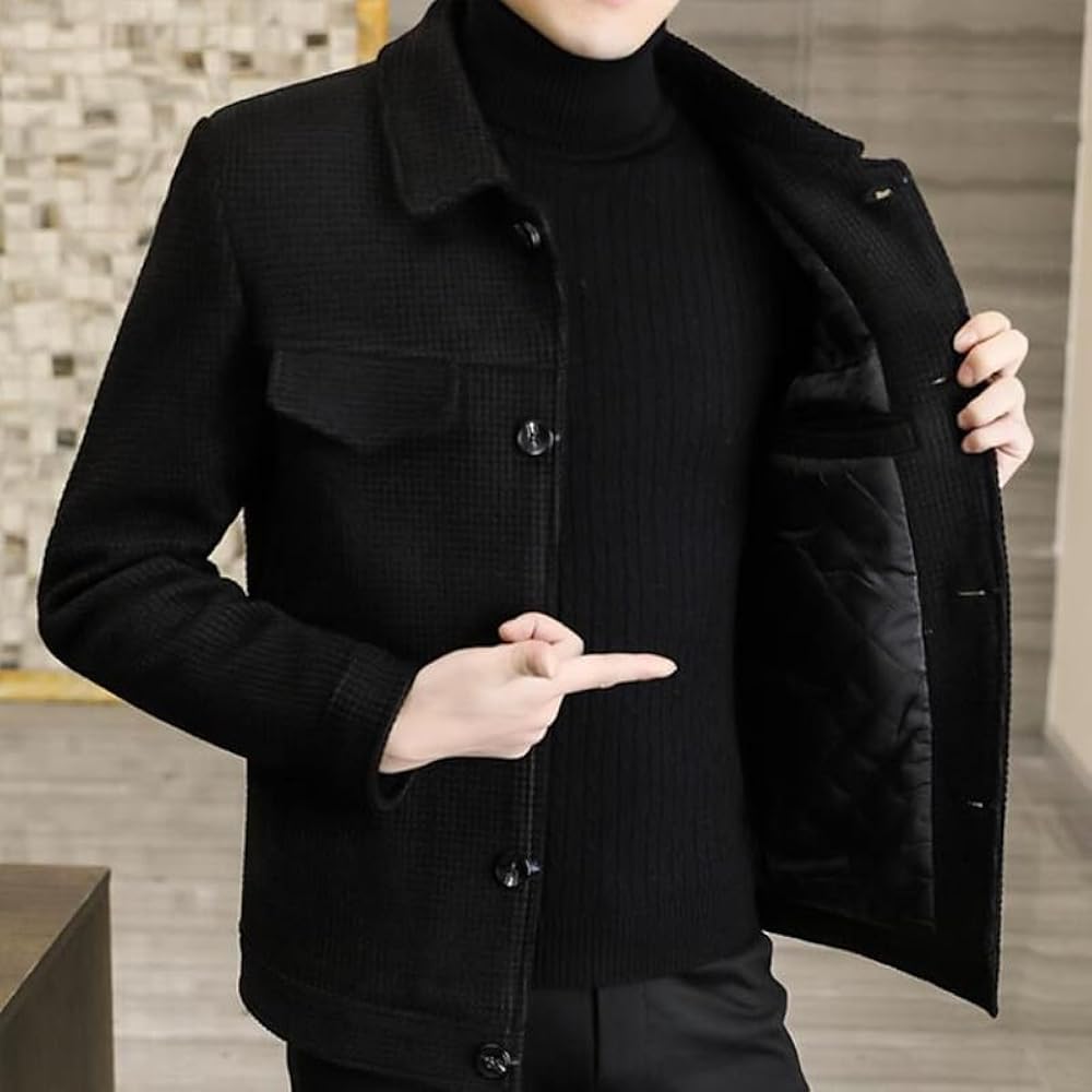 Aoleaky Wool Blend Trench Coat Woolen Coat Men Short Slim Plaid