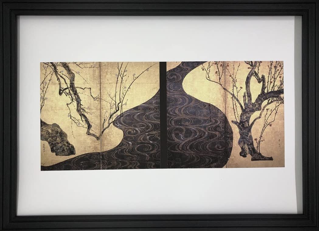 芳山 作】額装 絵画 梅の花 紅白梅図 木目調 浮き彫り風 美術品 芳山