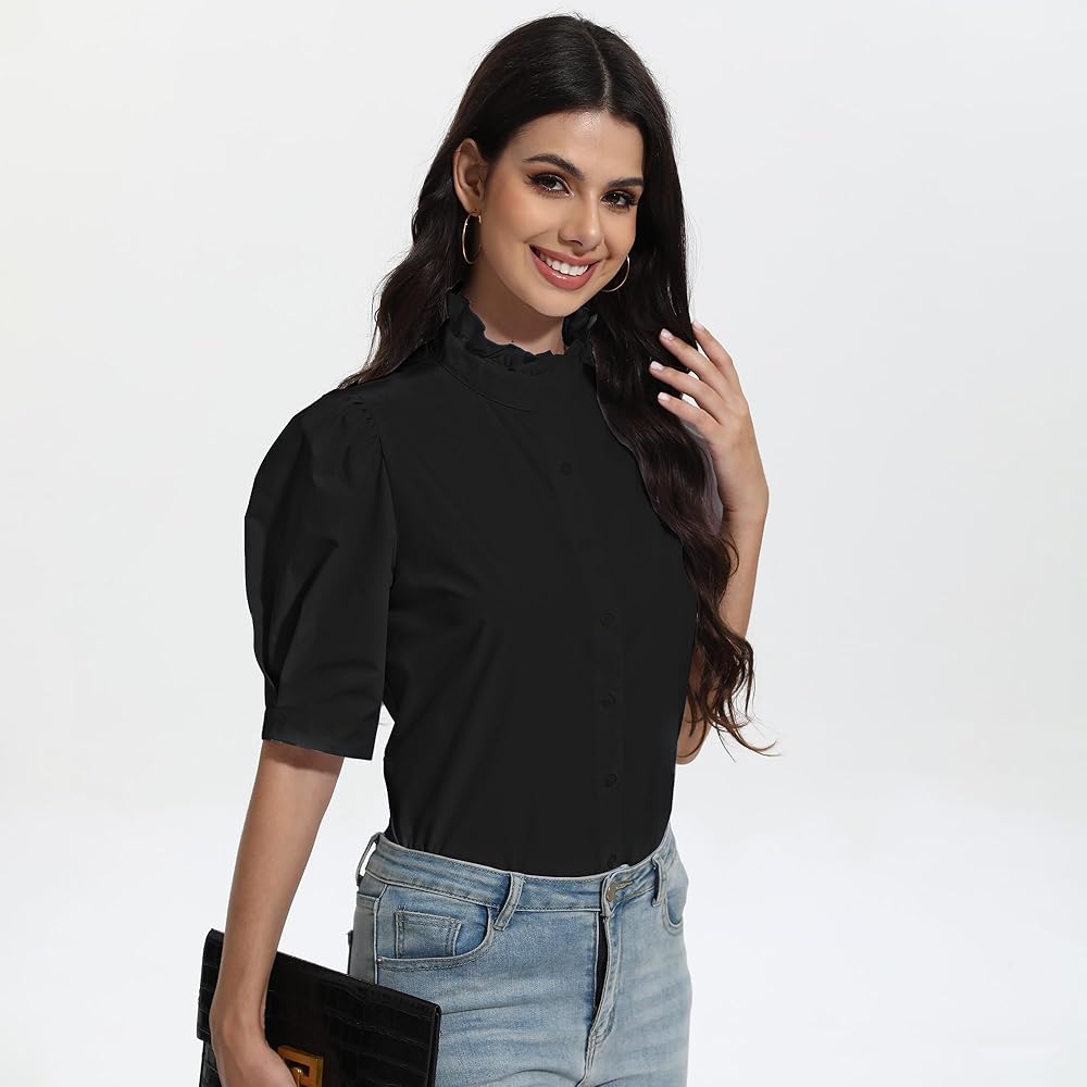 Womens 2024 Summer Black Top Ruffle Stand Collar Button-Down Shirt