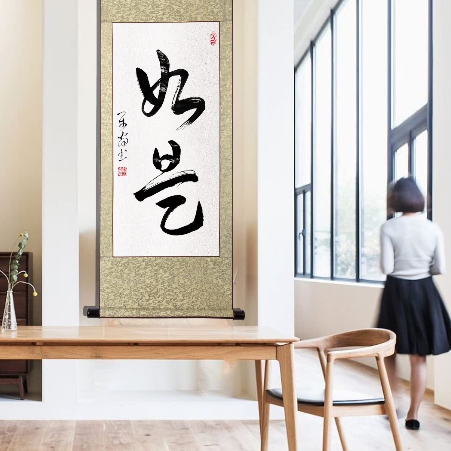 Amazon｜掛軸 掛け軸 おしゃれ 如是 肉筆 二文字の禅語 四尺四 年中