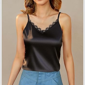Women's Lace Satin Cami Tank Top V Neck Sleeveless Spaghetti Strap