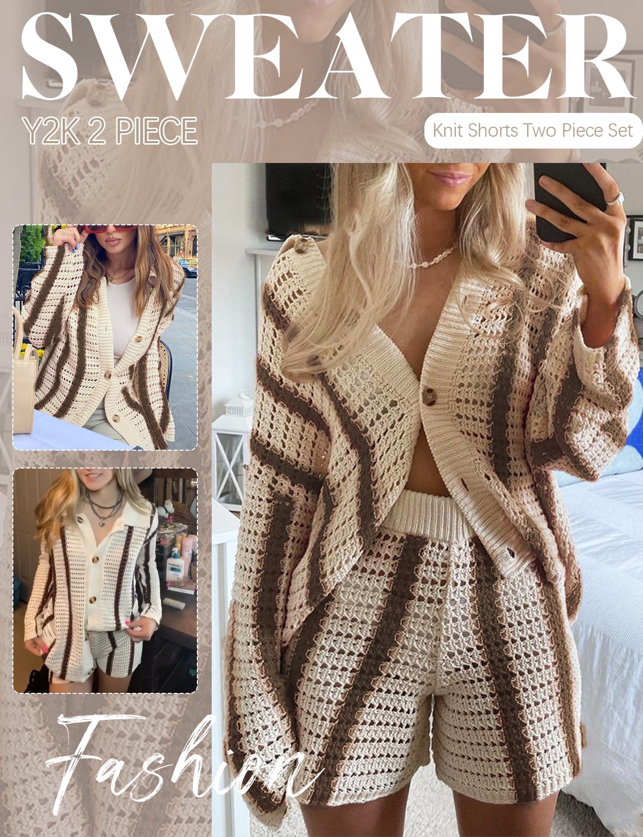 Gihuo Women' s Y2K 2 Piece Knit Outfits Striped Sweater Shorts Set