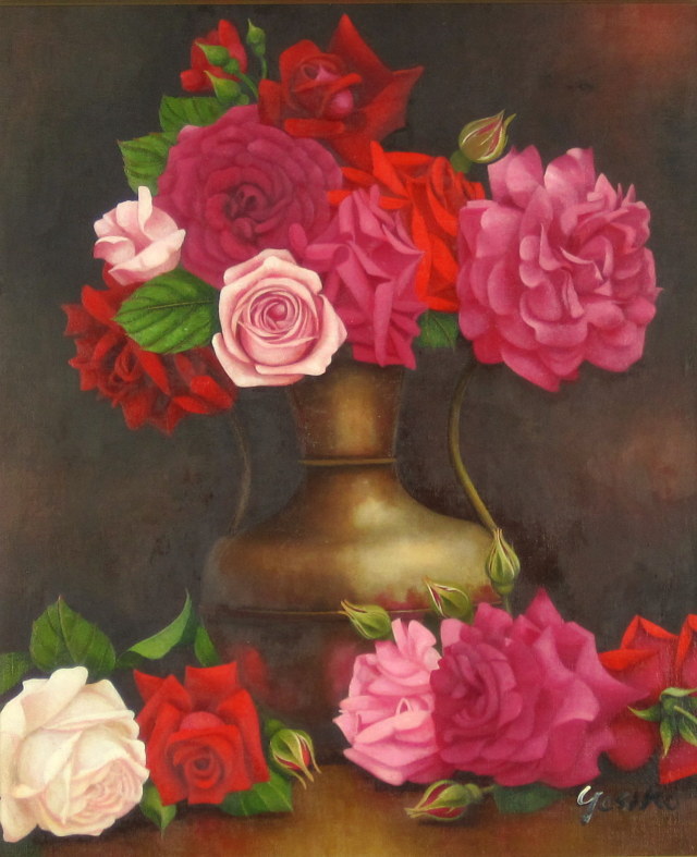 志村好子「薔薇」（赤・ピンク・白）油彩画・F8・”優雅な薔薇”