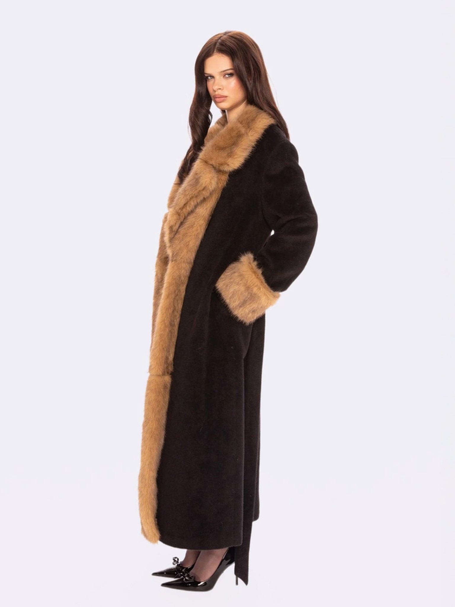 Adriana Faux Fur Coat (Black & Brown) | Long Winter Coat for Women