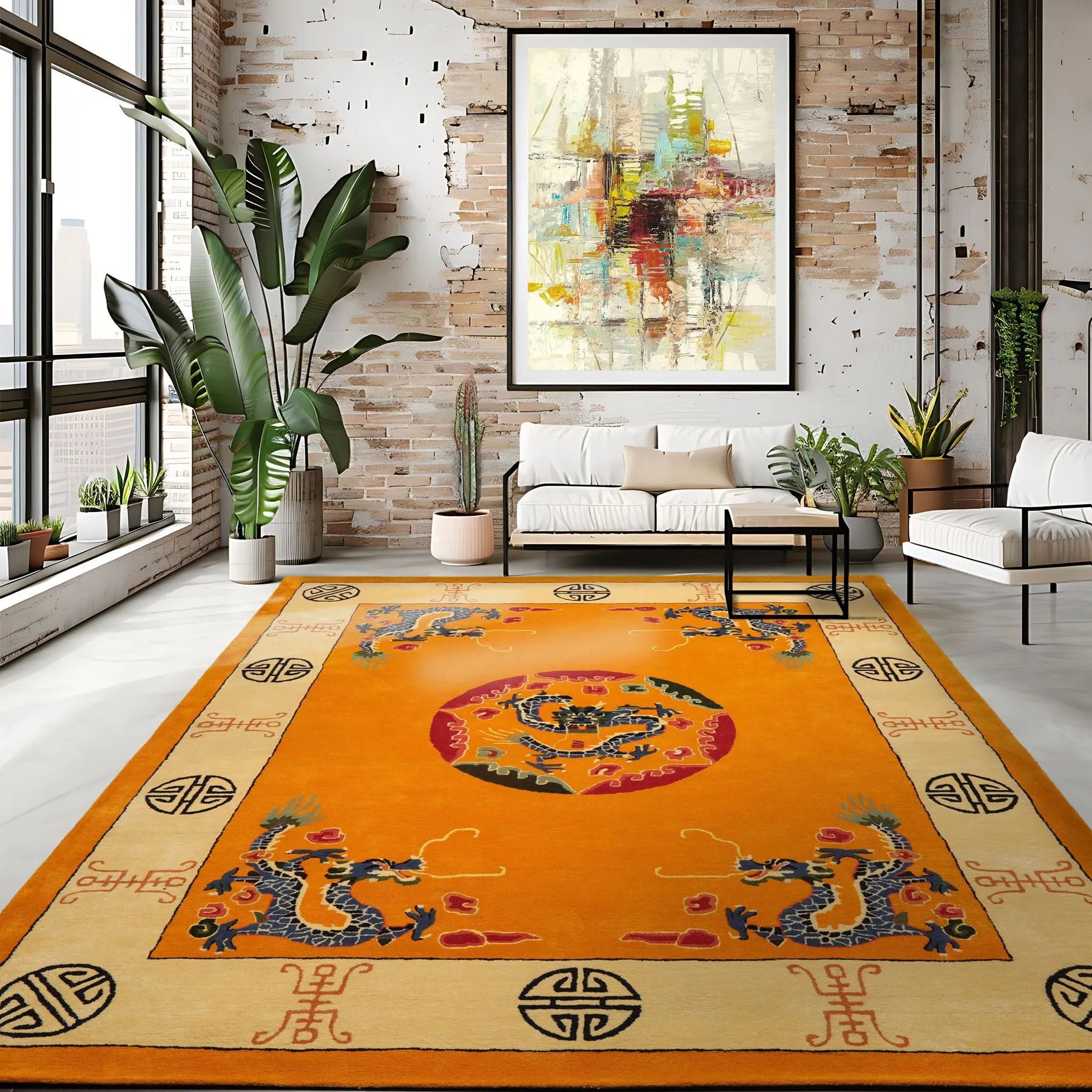 Multi Size Gold Hand Tufted Chinese Art Deco Medallion & Dragon