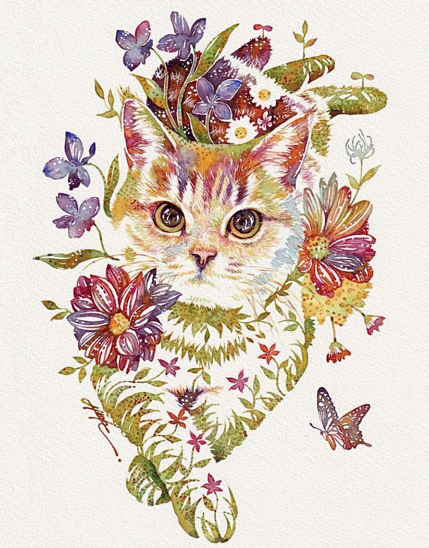 透明水彩✳︎ #猫 #ネコ #猫のいる暮らし #ねこ #スミレ #花 #水彩