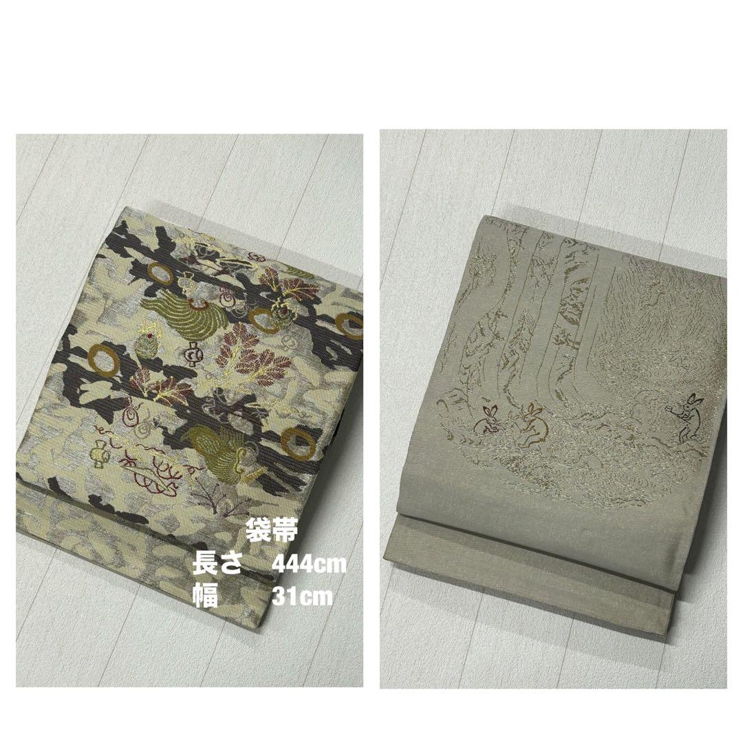 sakura様御専用。HX-84 袋帯　両面　宝尽くし　鳥獣戯画　金銀糸 六通 名古屋帯 絹菱 正絹 黒地 鳥獣戯画 兎 うさぎ 蛙 月 萩 秋 お月見 手