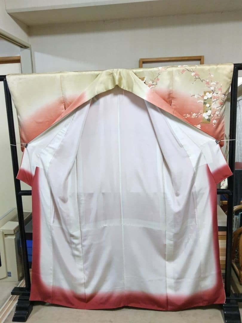 F-274 訪問着 金彩 染め分け 暈し 袷 鶴 松 梅 流水 緞子地 美品