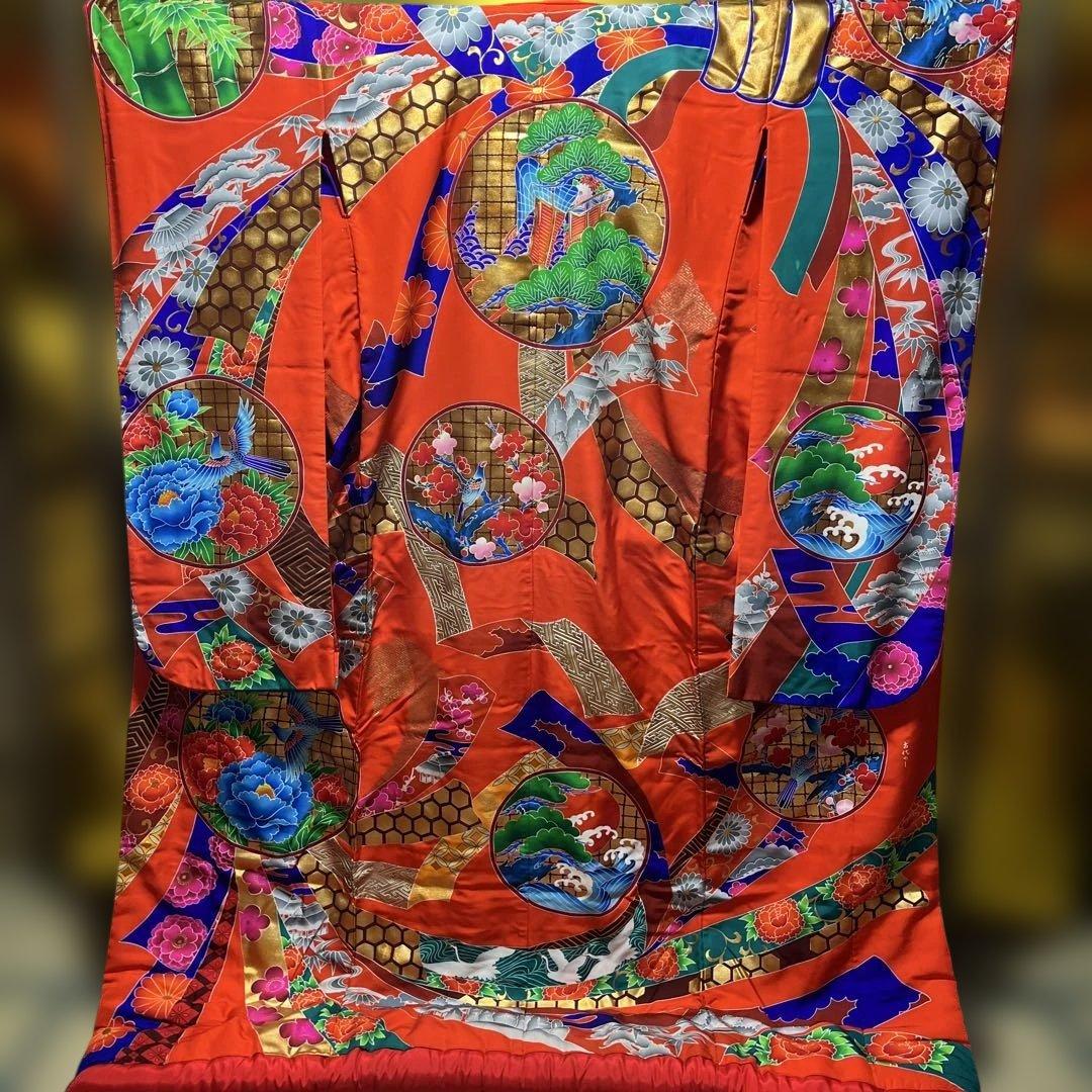 打掛　色打掛　正絹　京友禅 本手描友禅色打掛レンタル赤地に京都絵巻柄 / オリフリ