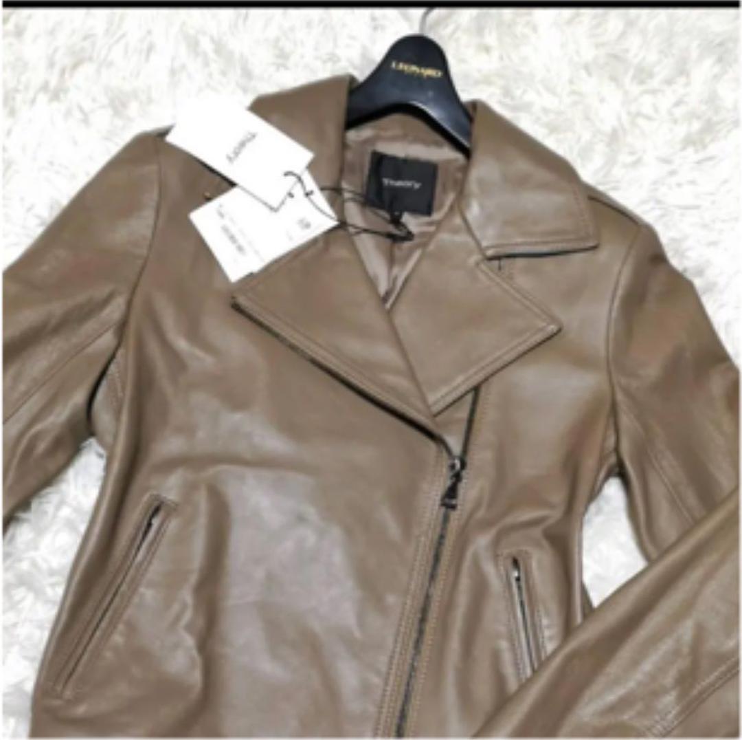 新品☆セオリー　レザージャケット　ラムレザー　P　ブラウン系　ダブル 18AW theory（セオリー） ラムレザーライダースジャケット レディース JPN