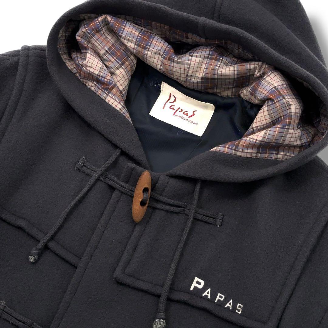 美品】PaPas パパス ダッフルコート チェック 木製トグル ダーク